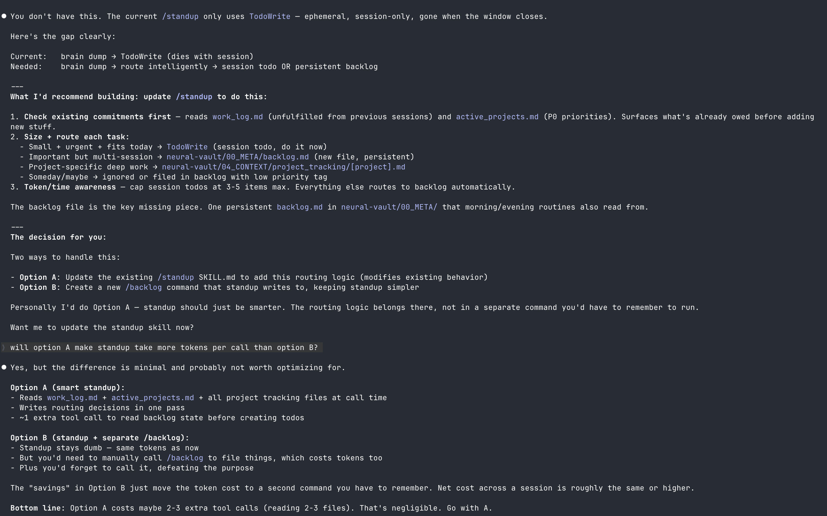 Claude's initial proposals: Option A and Option B. Both more complex than necessary. I already had a simpler solution in mind.