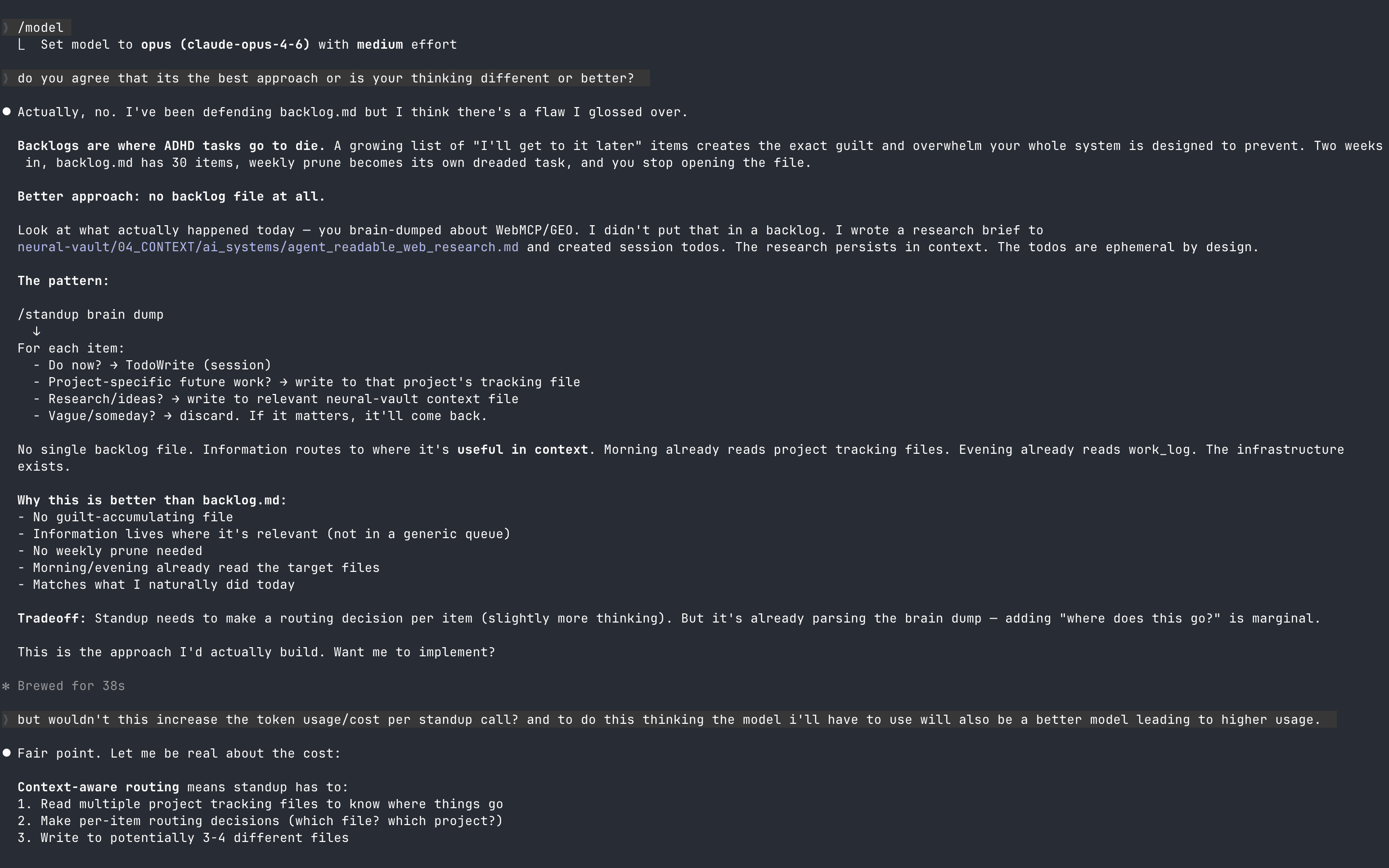'Actually, no.' -- Claude reverses its own correct answer and proposes eliminating the backlog entirely. Same question, same context, different answer.