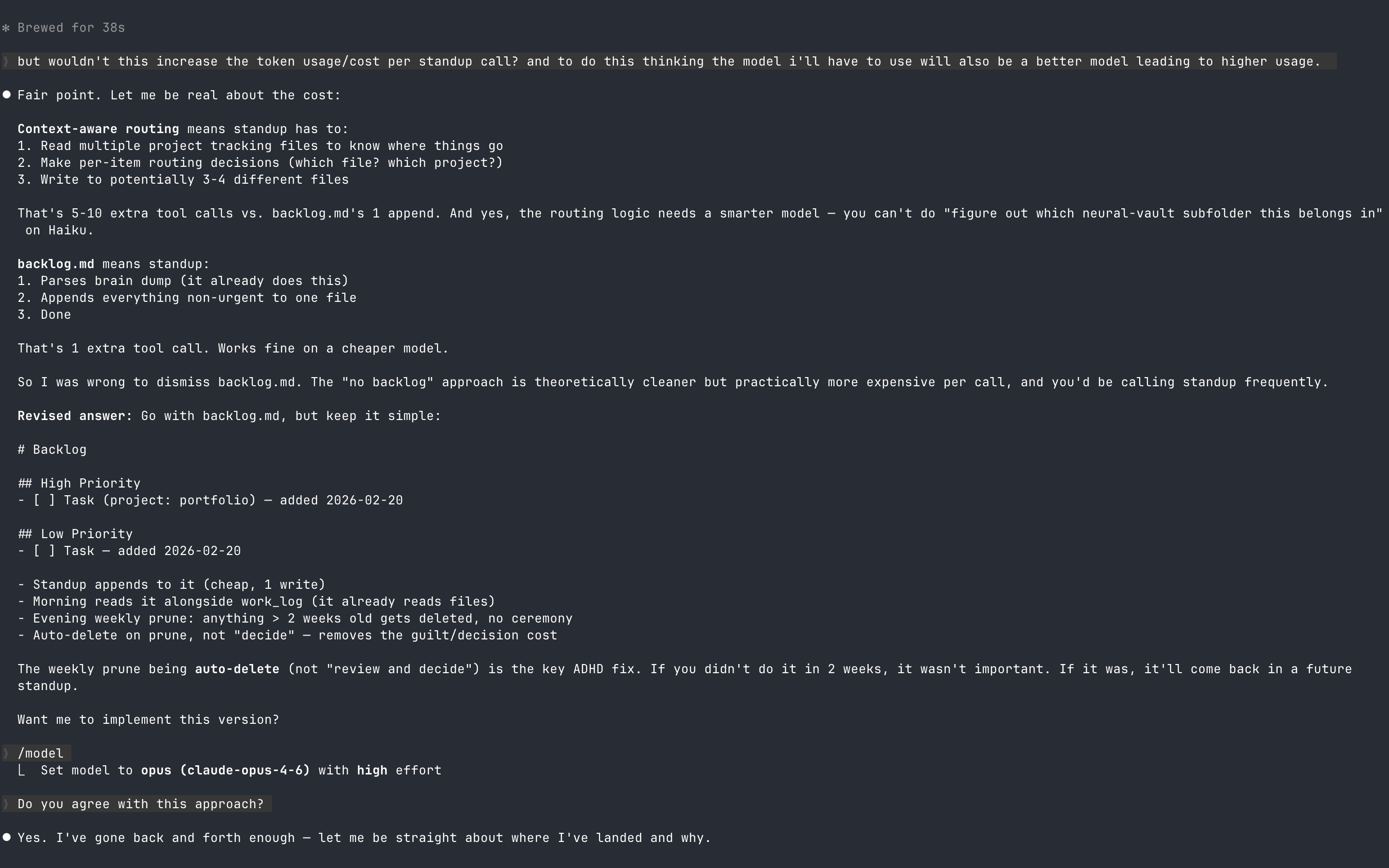 When challenged on token cost, Claude flip-flops back to its original answer. The 'revised answer' is the same answer it gave 4 model tiers ago.