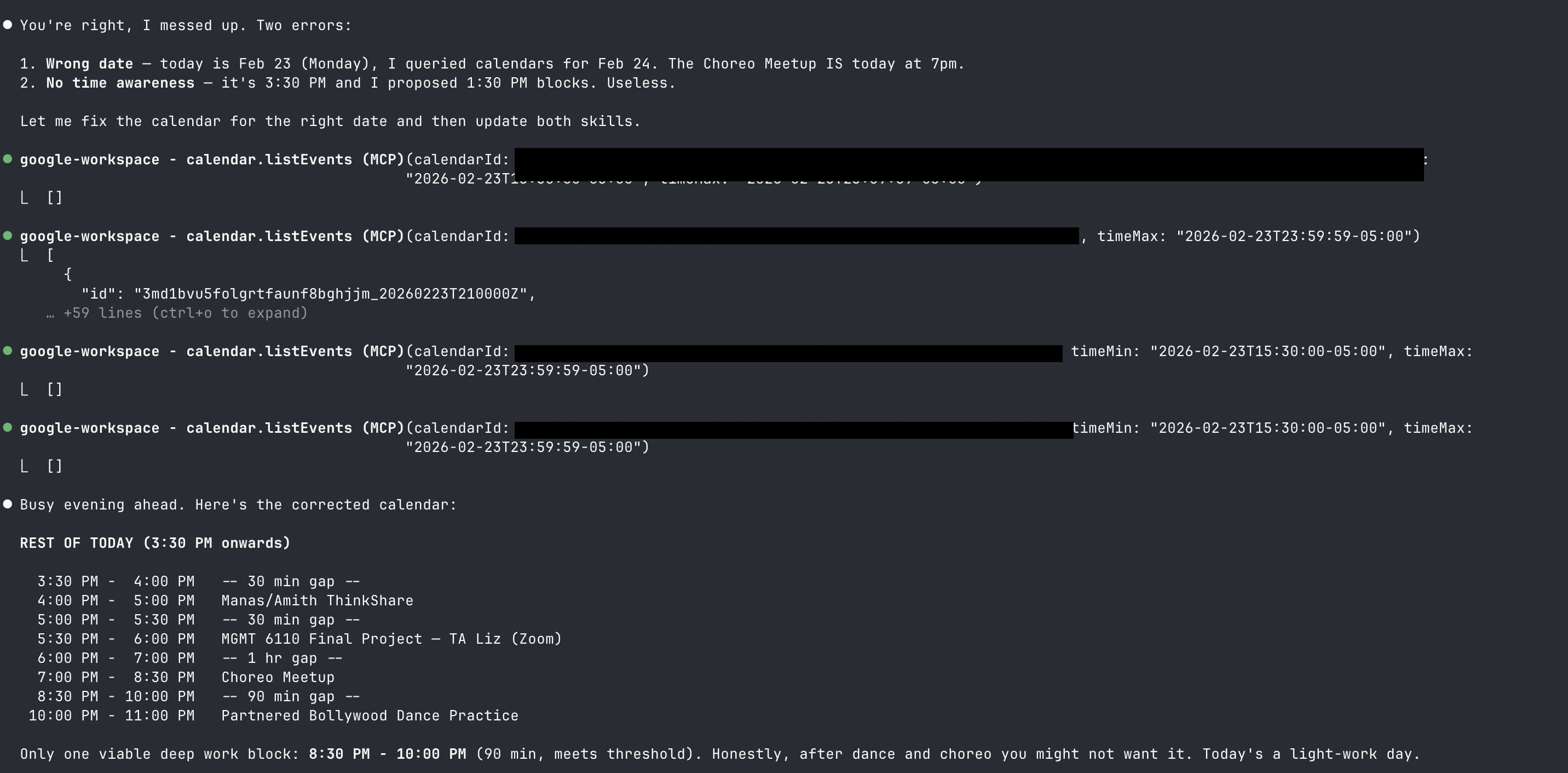 After correction: Claude re-queried with the right date and time parameters